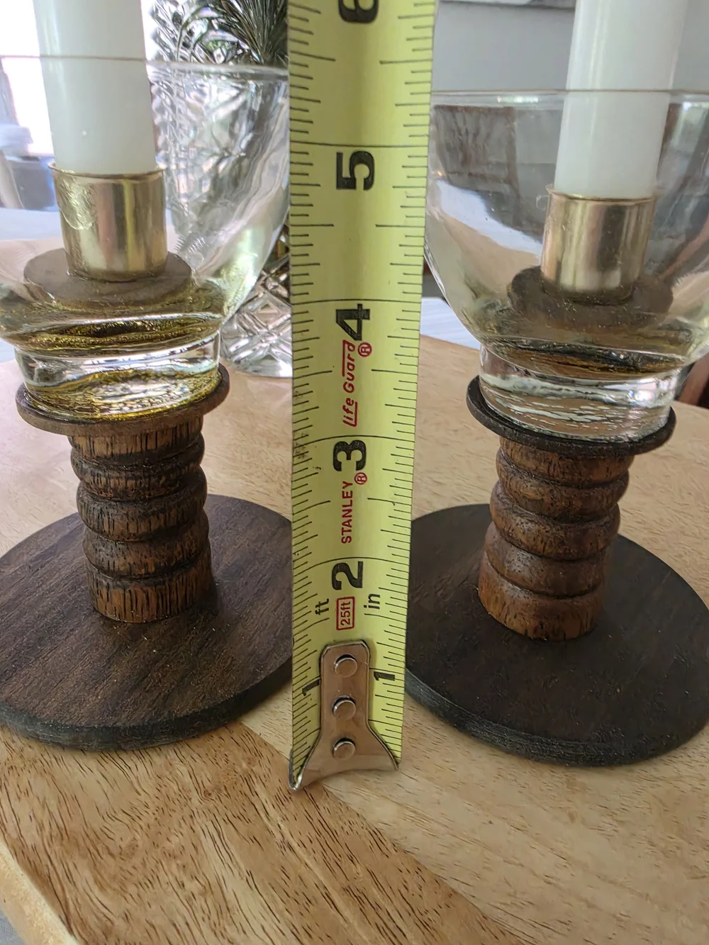 VNTG Swedish MCM candlestick holders Turned wood Glass bobeches Brass inserts